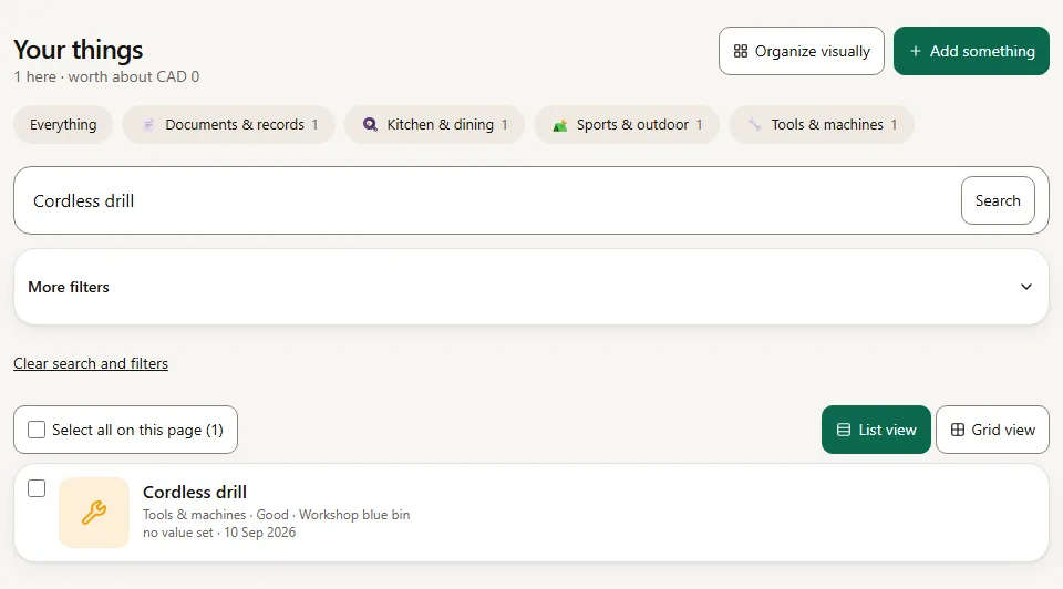 Artanizer's search showing the sample Cordless drill in Workshop blue bin.