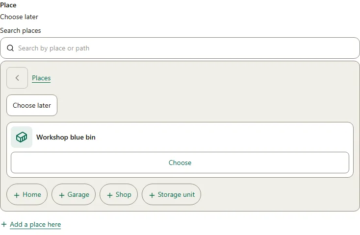 Artanizer's Place browser showing a synthetic Workshop blue bin and place suggestions.